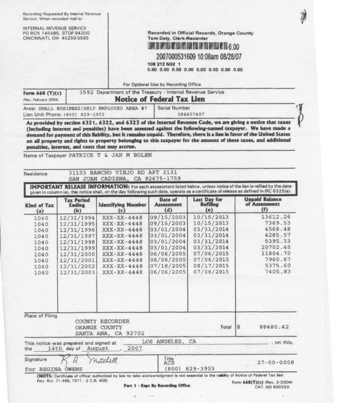 IRS Tax lien against Tim and Jan Bolen